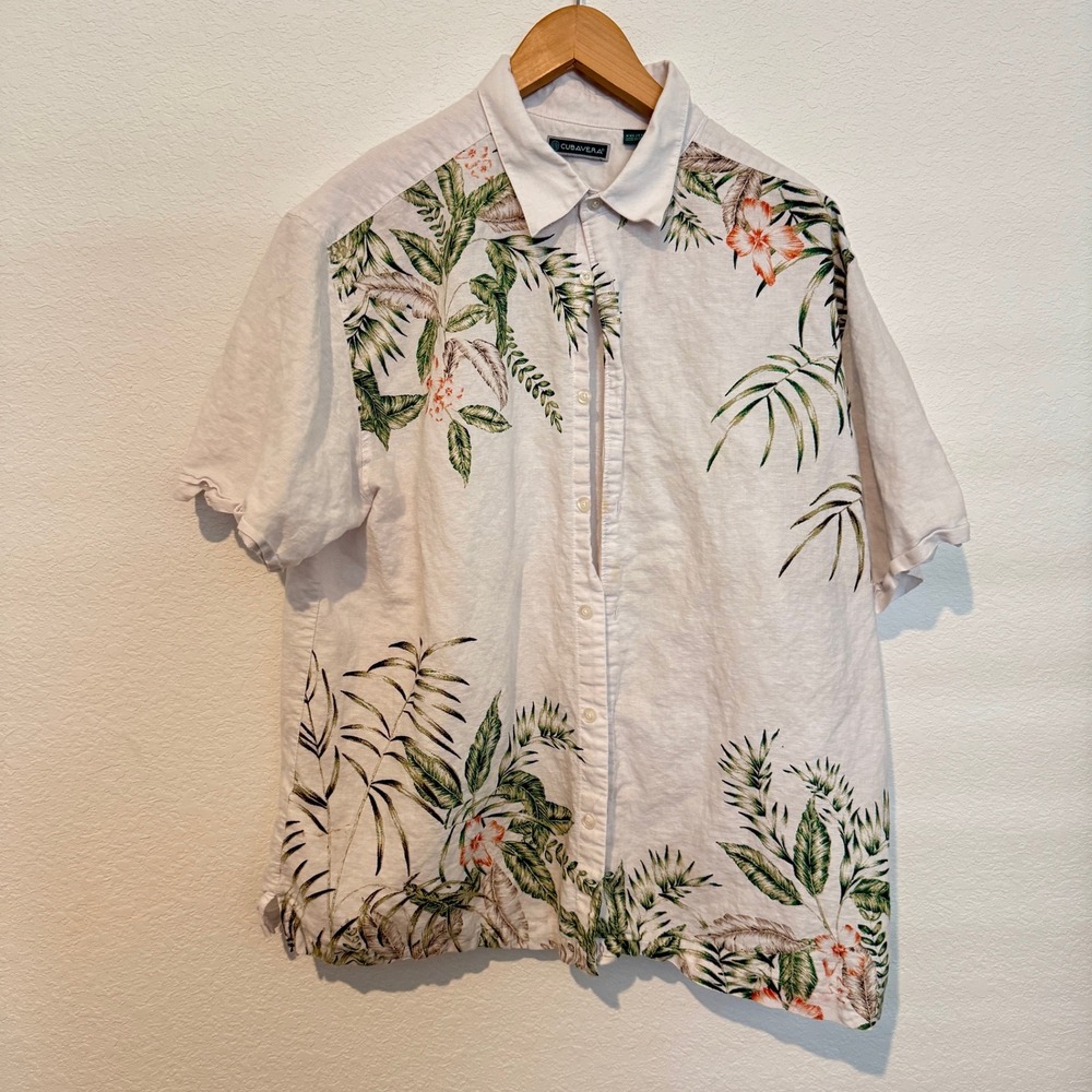 Cubavera Mens XXL Linen Blend Hawaiian Shirt Tropical Floral Short Sleeve Casual